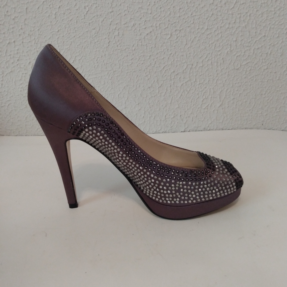 Caparros Brown Satin Rhinestone Evening Peep Toe Pump 4 3/4" Heels sz 8 B